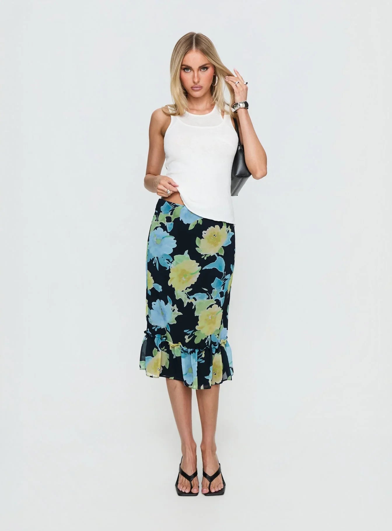 Tarla Midi Skirt Crystal Black Flower