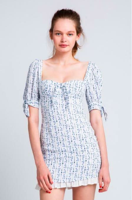Tory White and Blue Floral Print Puff Sleeve Mini Dress