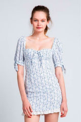 Tory White and Blue Floral Print Puff Sleeve Mini Dress
