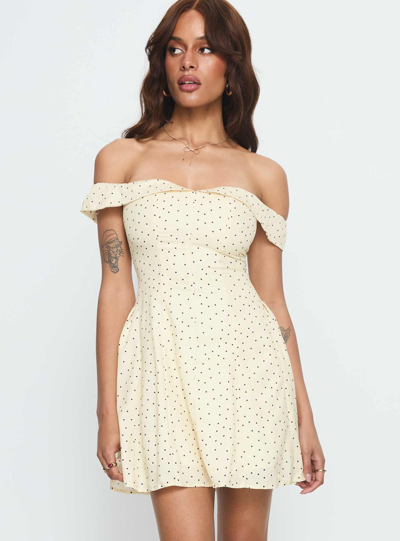 Rosebud Off The Shoulder Mini Dress Yellow Polka Dot