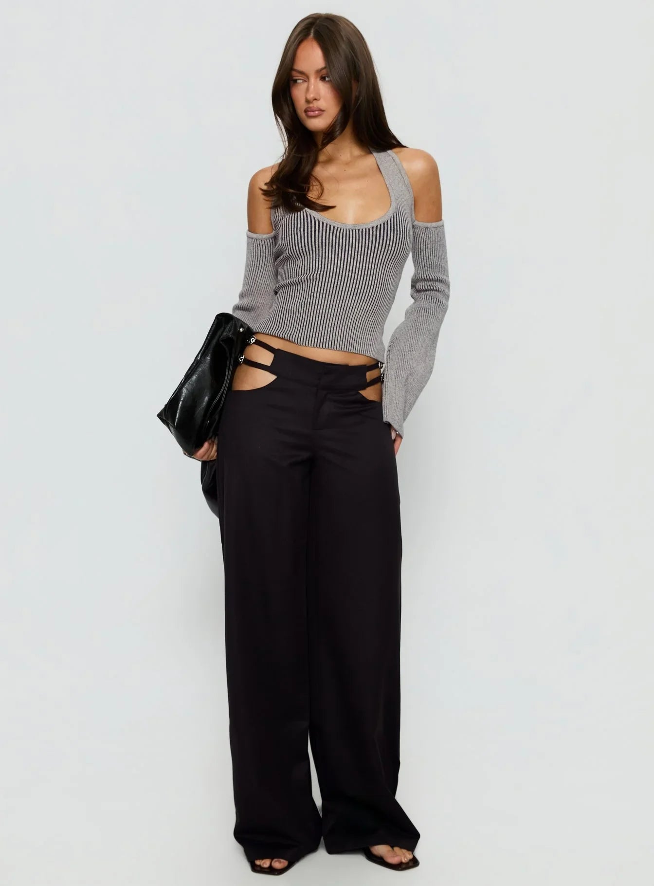 Novelia Halter Long Sleeve Top Black Grey