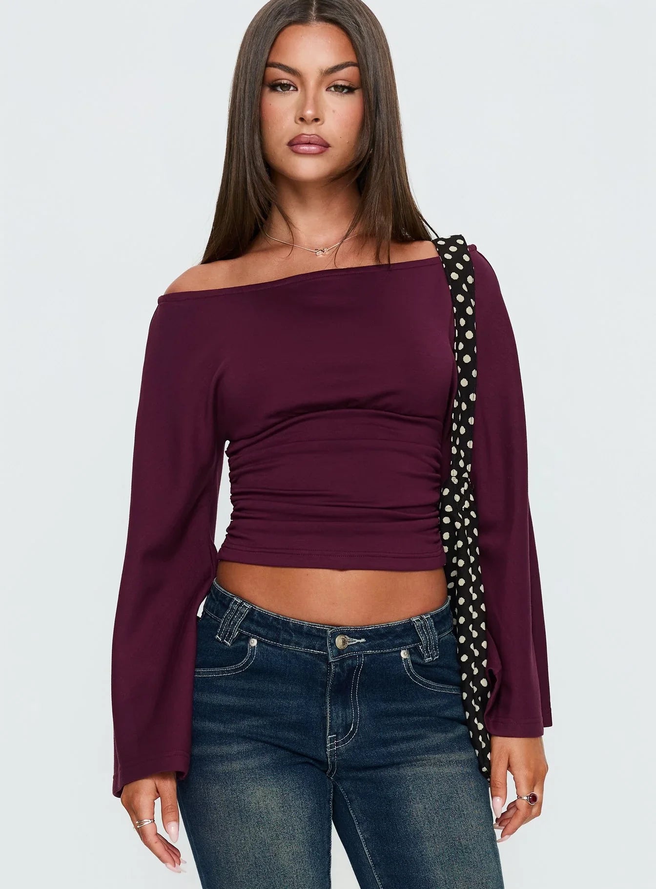 Anastasie Off Shoulder Long Sleeve Top Deep Red