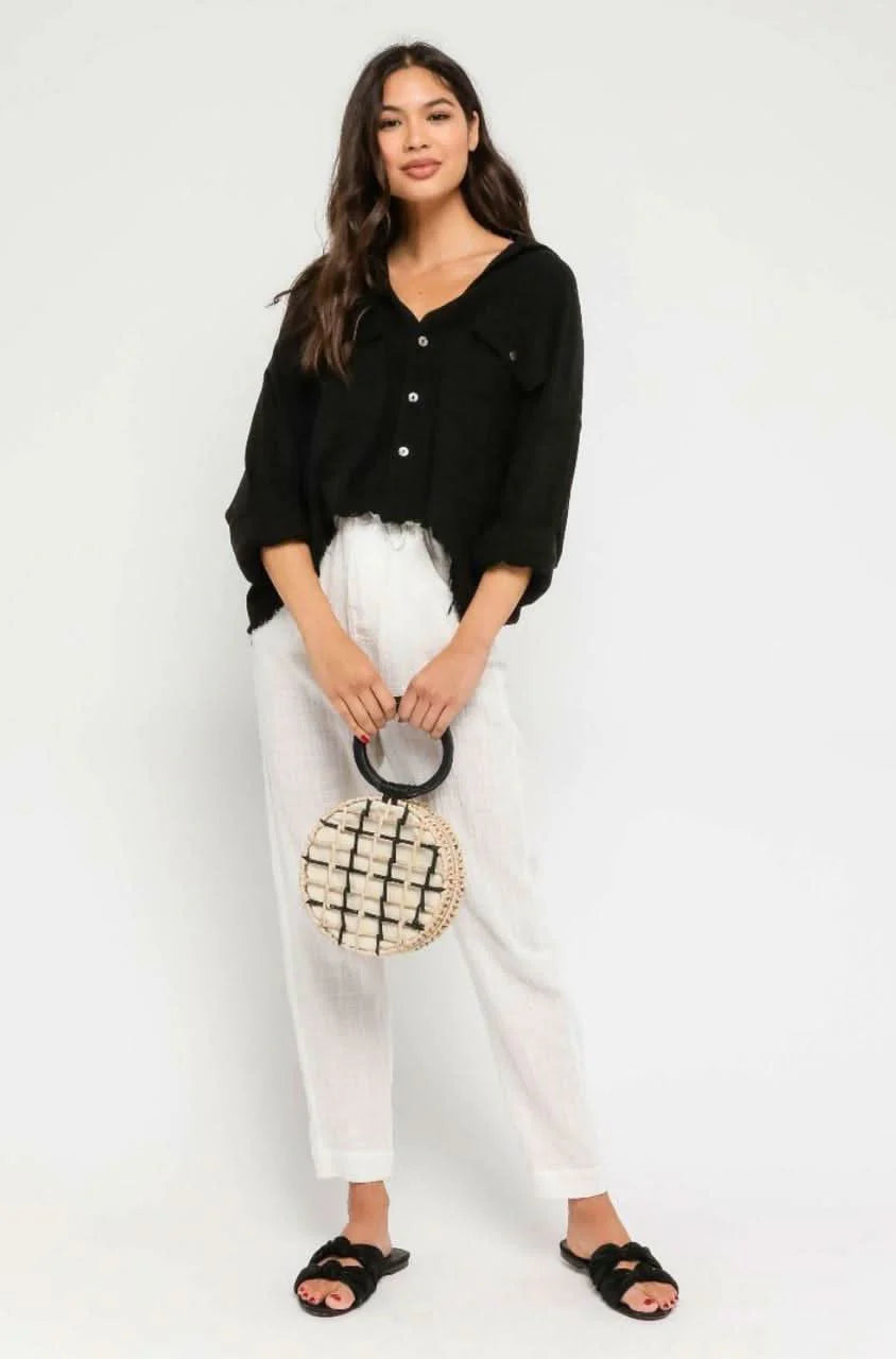 Beach Please Black Frayed Button Up Top