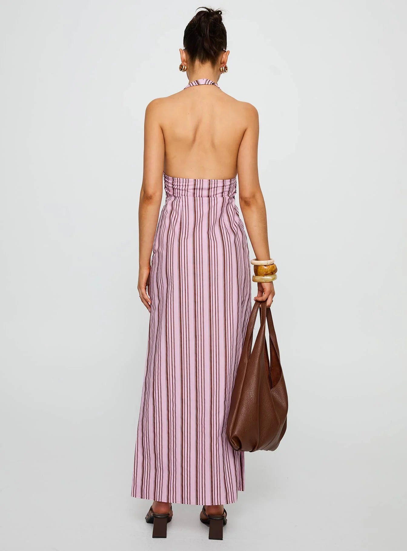 Avrie Halter Maxi Dress Pink Brown Stripe