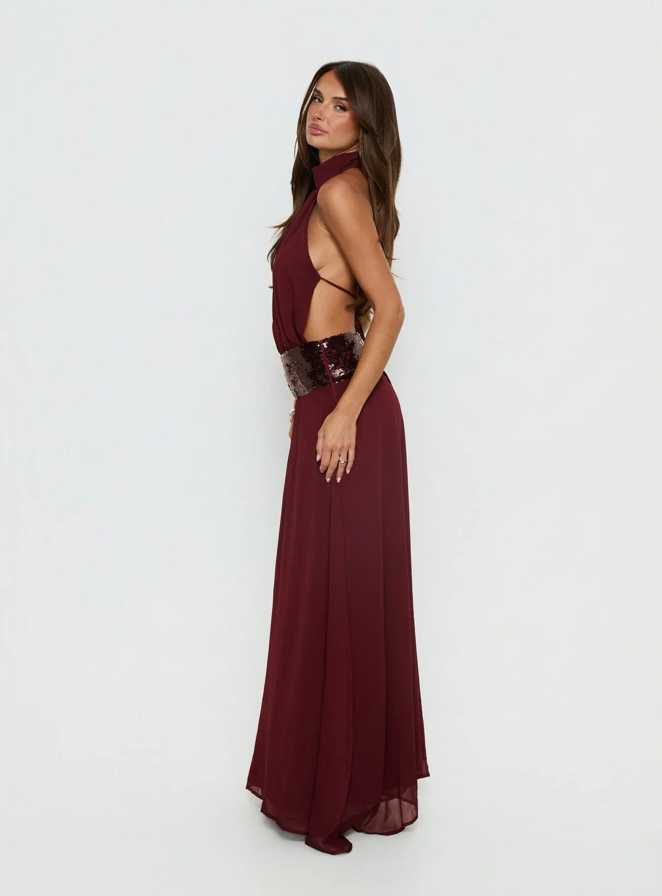 Darwinn Drop Waist Sequin Detail Maxi Dress Burgundy