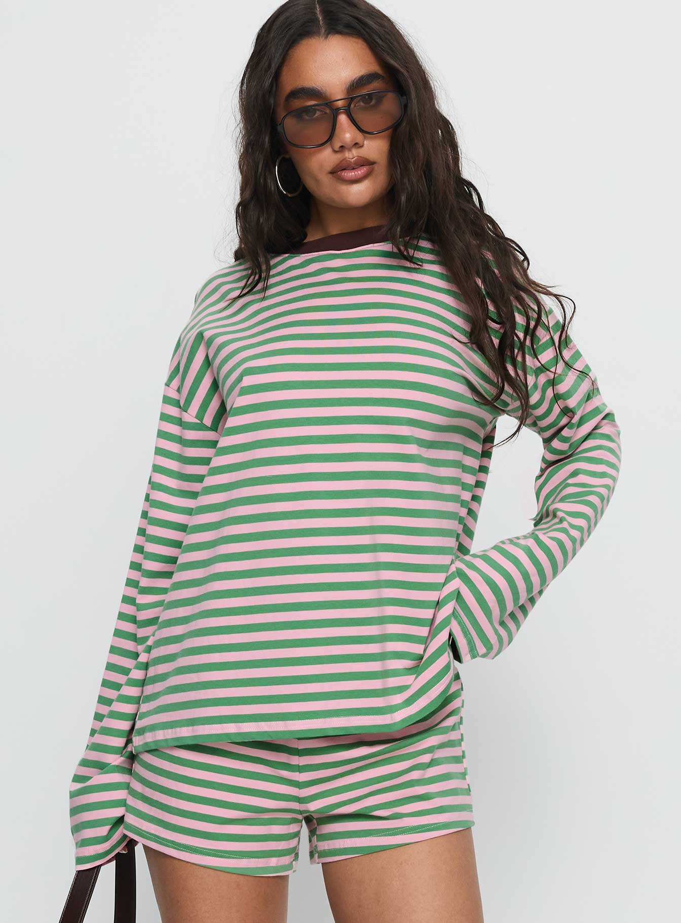 Settle Down Long Sleeve Top Green Pink Stripe