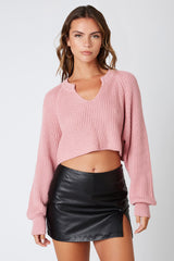 Day Off Mauve Pink Notched Neck Sweater