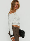 Ashlinn Off Shoulder Long Sleeve Drapey Top Grey Marle