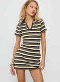 Zuria Collared V neck Mini Dress Brown Yellow Stripe