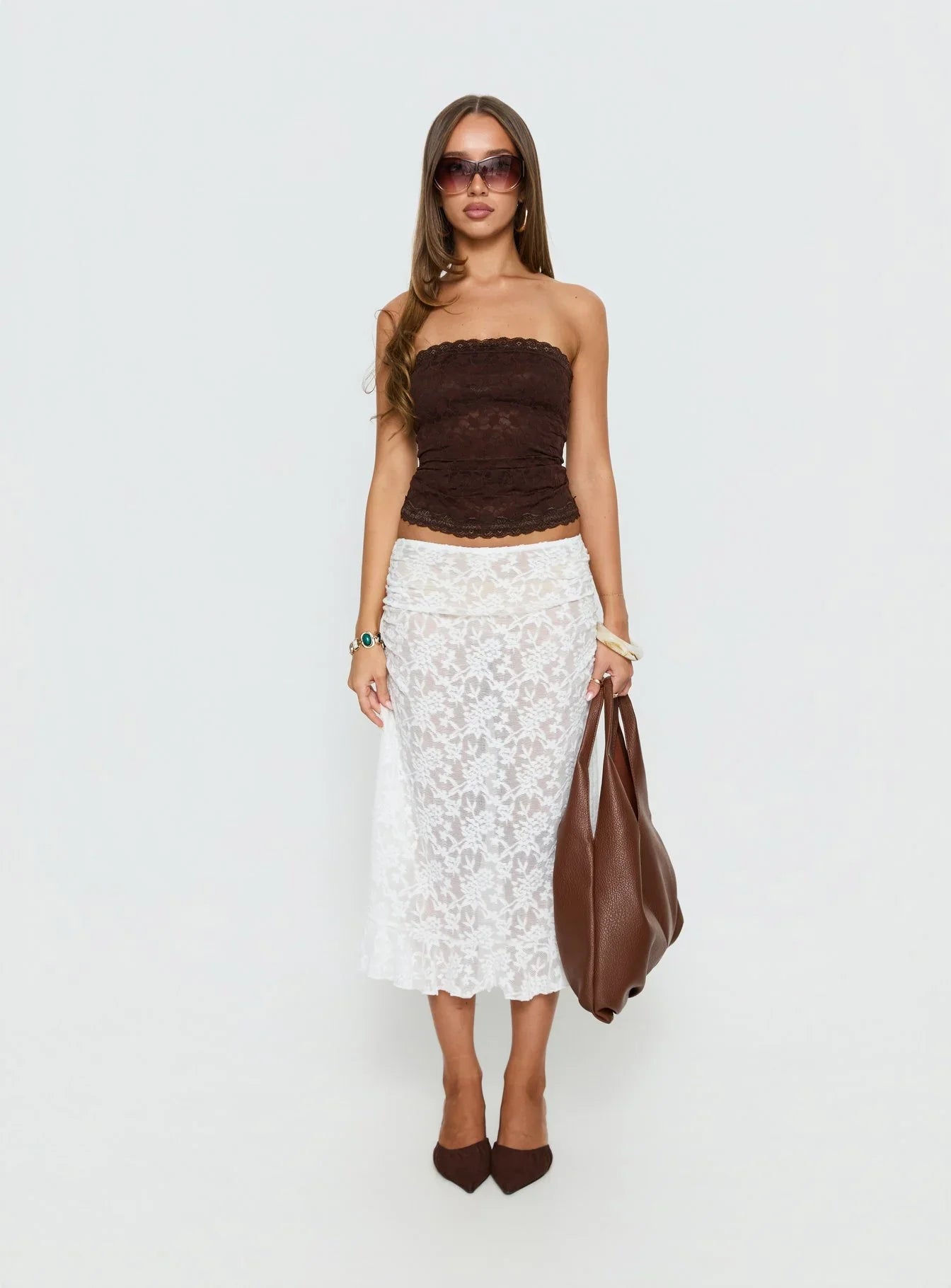 Toscani Lace Frill Midi Skirt White