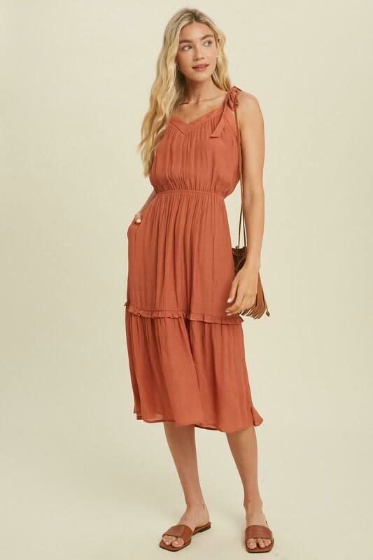 Why Wait Brick Tie Strap Midi Dress