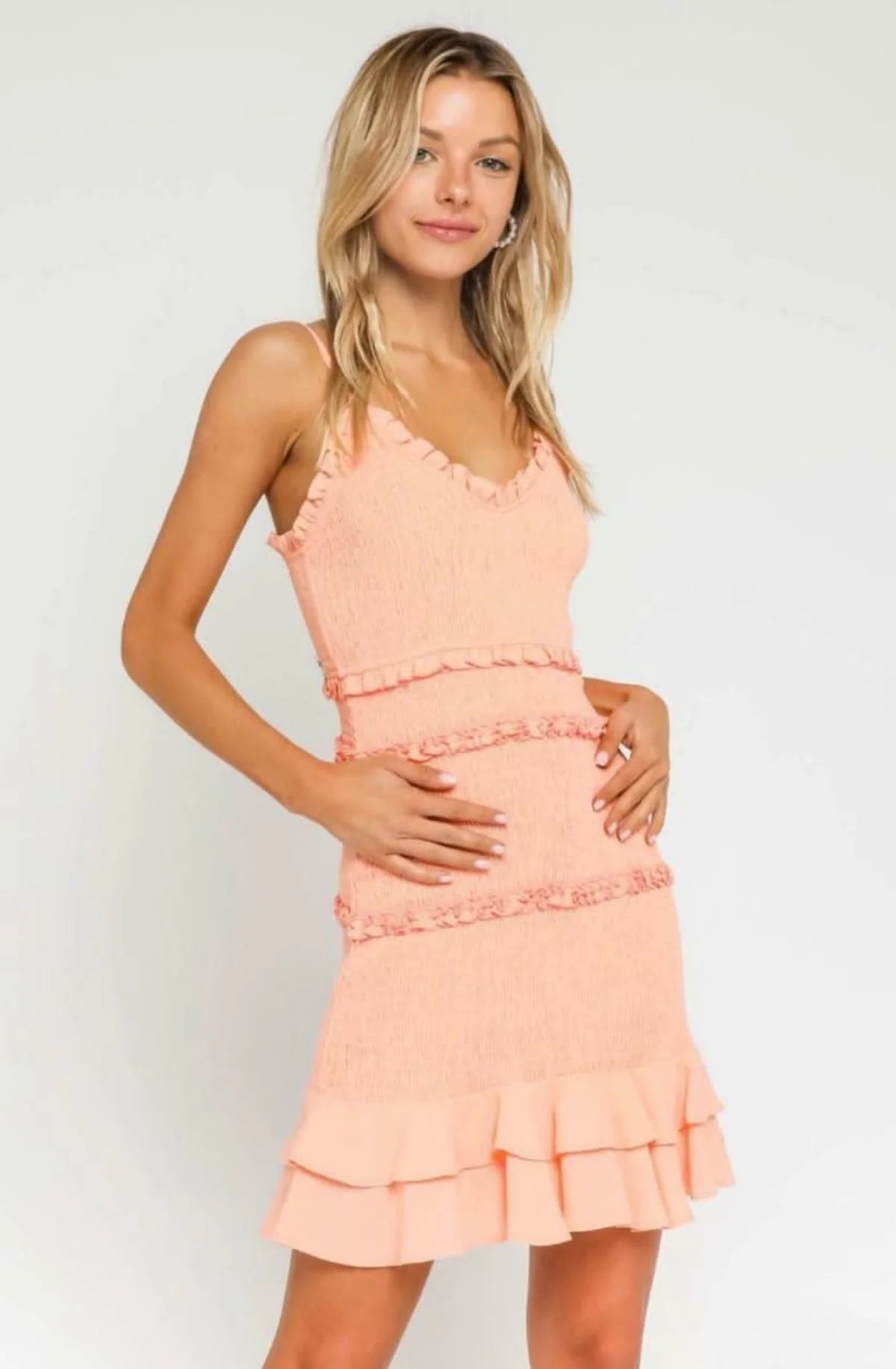 Rhea Peach Blush Smocked Ruffle Mini Dress
