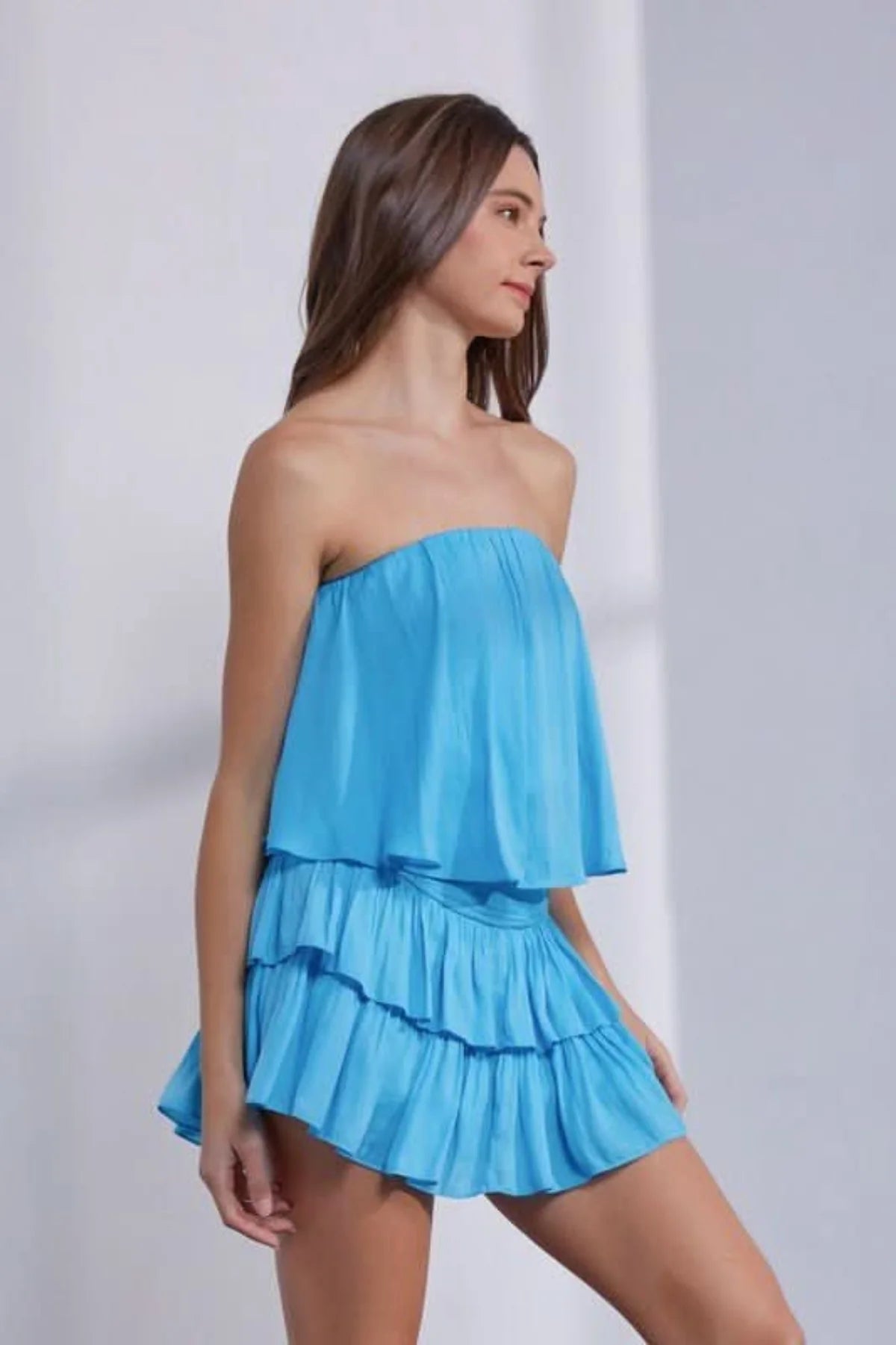 Monaco Blue Atoll Strapless Ruffle Romper