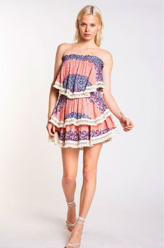 Summer Fields Blue and Blush Floral Print Strapless Two Piece Set
