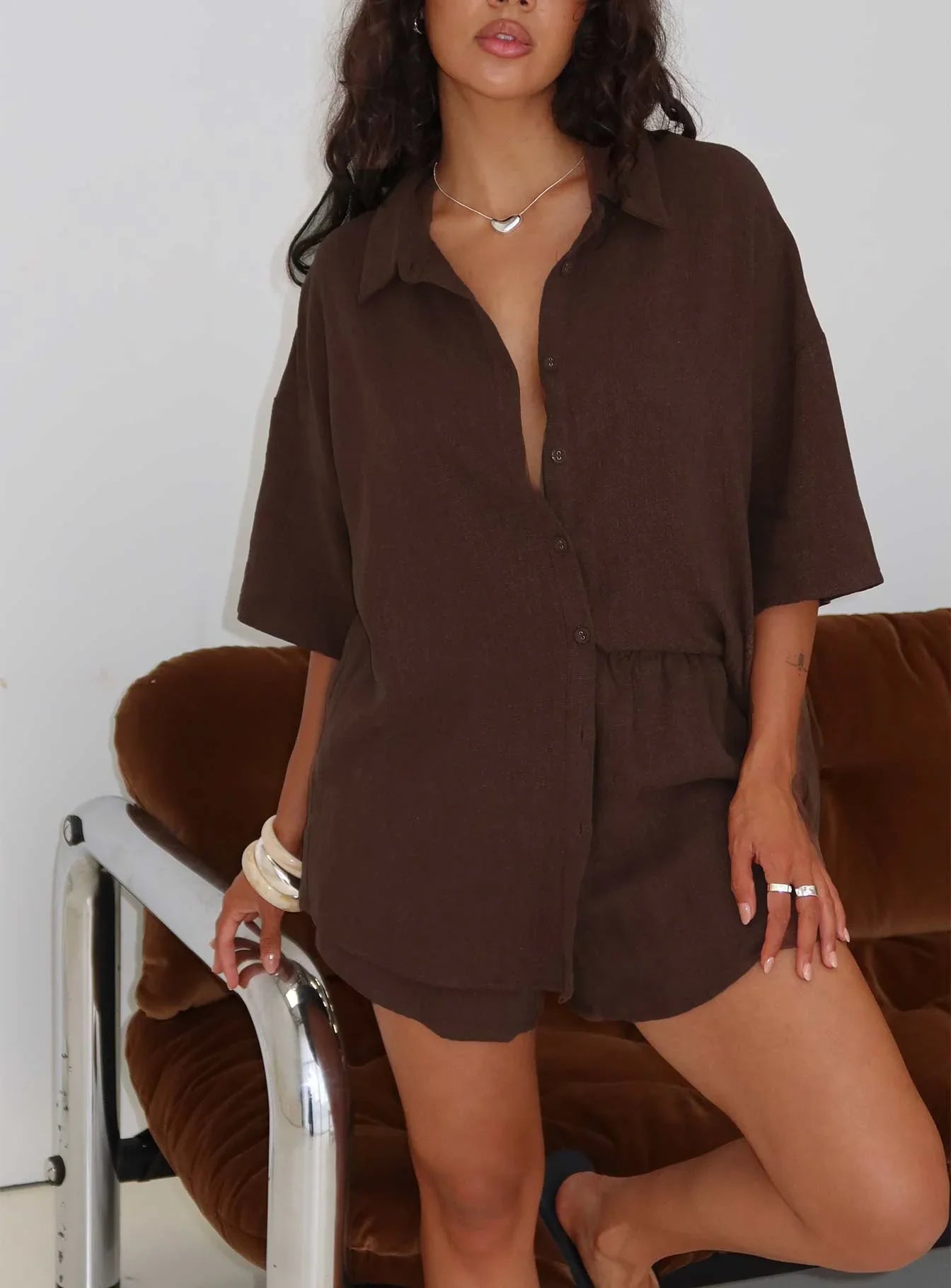 Peni Linen Button Down Top Chocolate