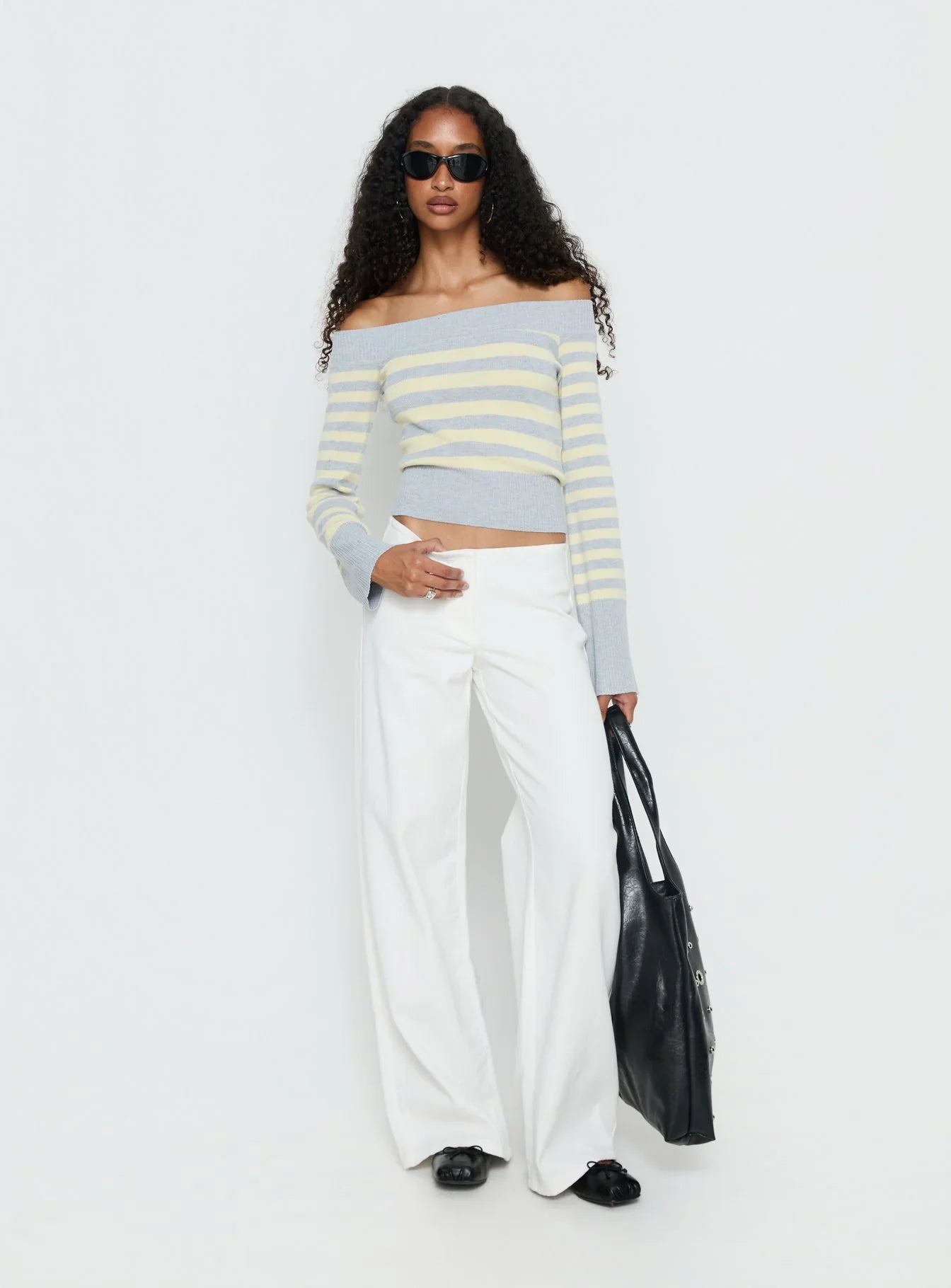 Perrey Long Sleeve Off Shoulder Top Knit Yellow / Grey Stripe