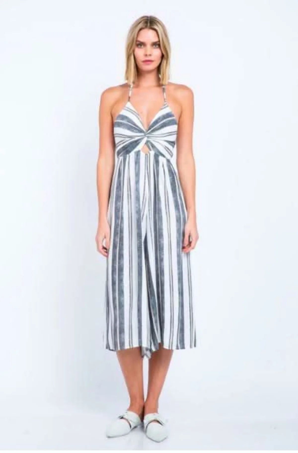 Mia White and Black Striped Print Cutout Culotte Jumpsuit