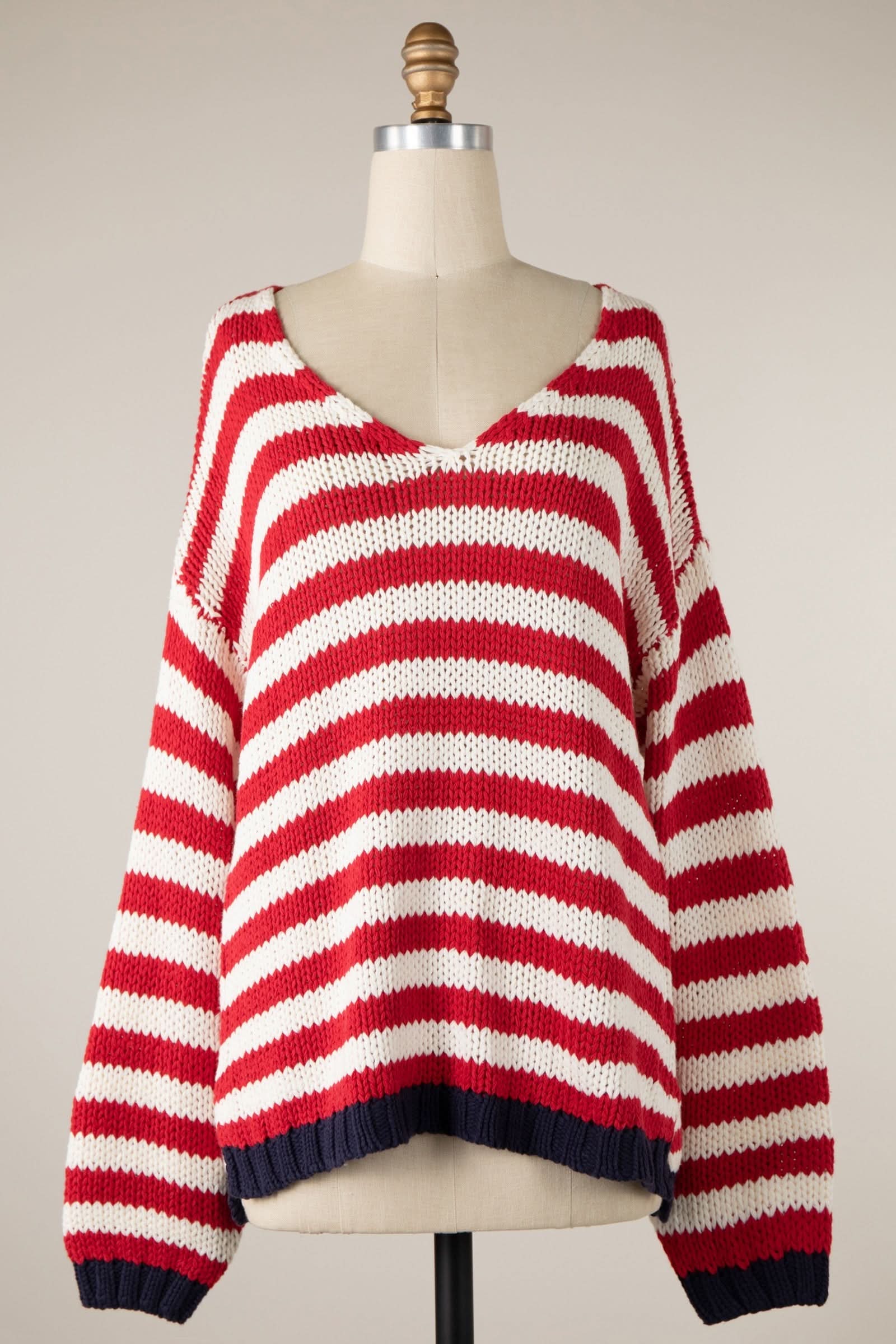 Lia Red Stripe Oversized V Neck Sweater Top