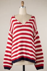 Lia Red Stripe Oversized V Neck Sweater Top