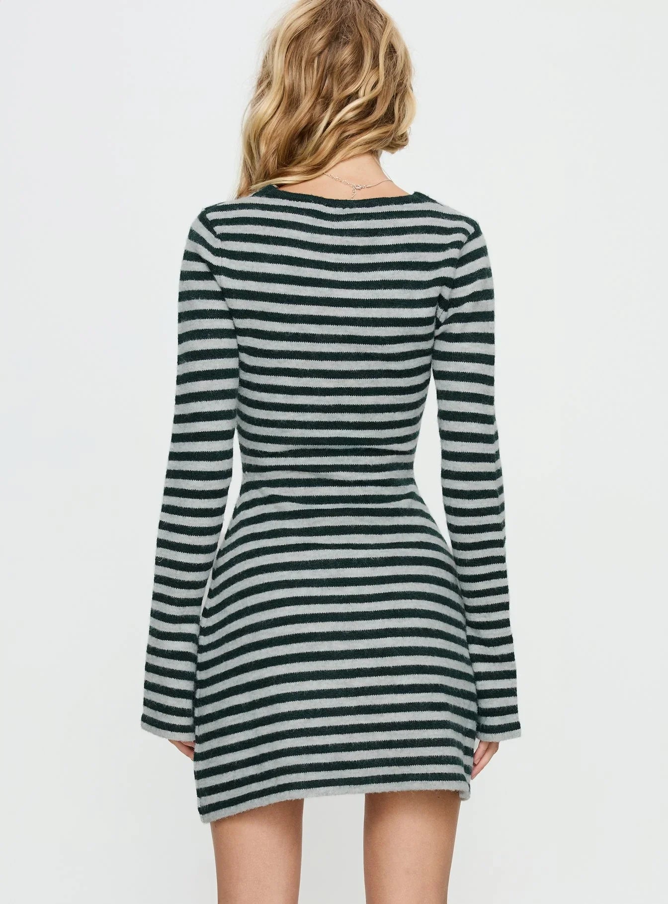 Morgen Asymmetrical Long Sleeve Mini Dress Grey Green Stripe