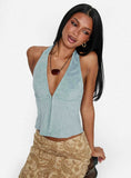 Dalyah Faux Suede Halter Top Soft Blue