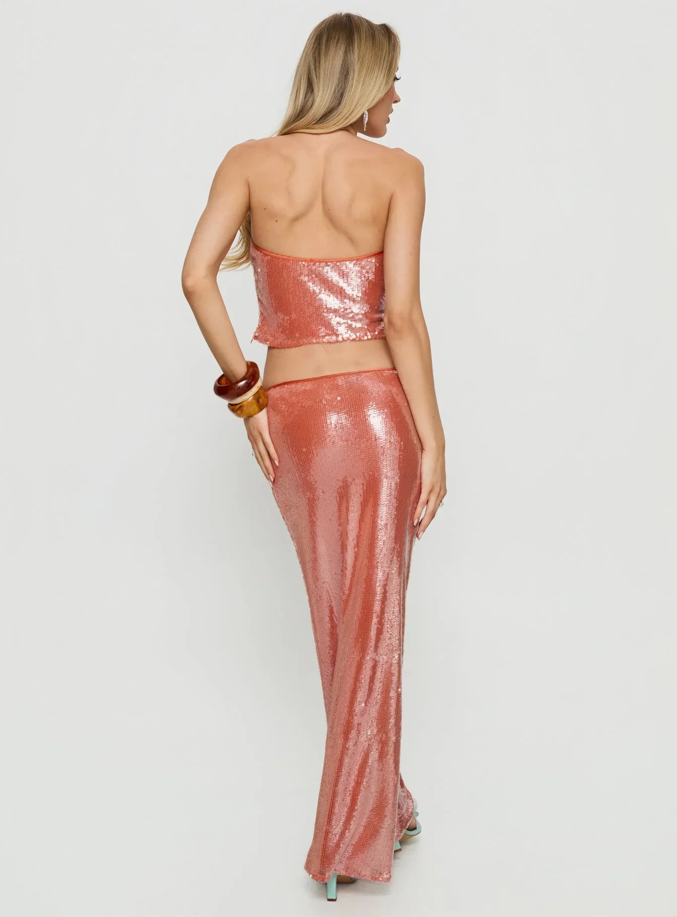 Emalia Sheer Sequin Maxi Skirt Orange