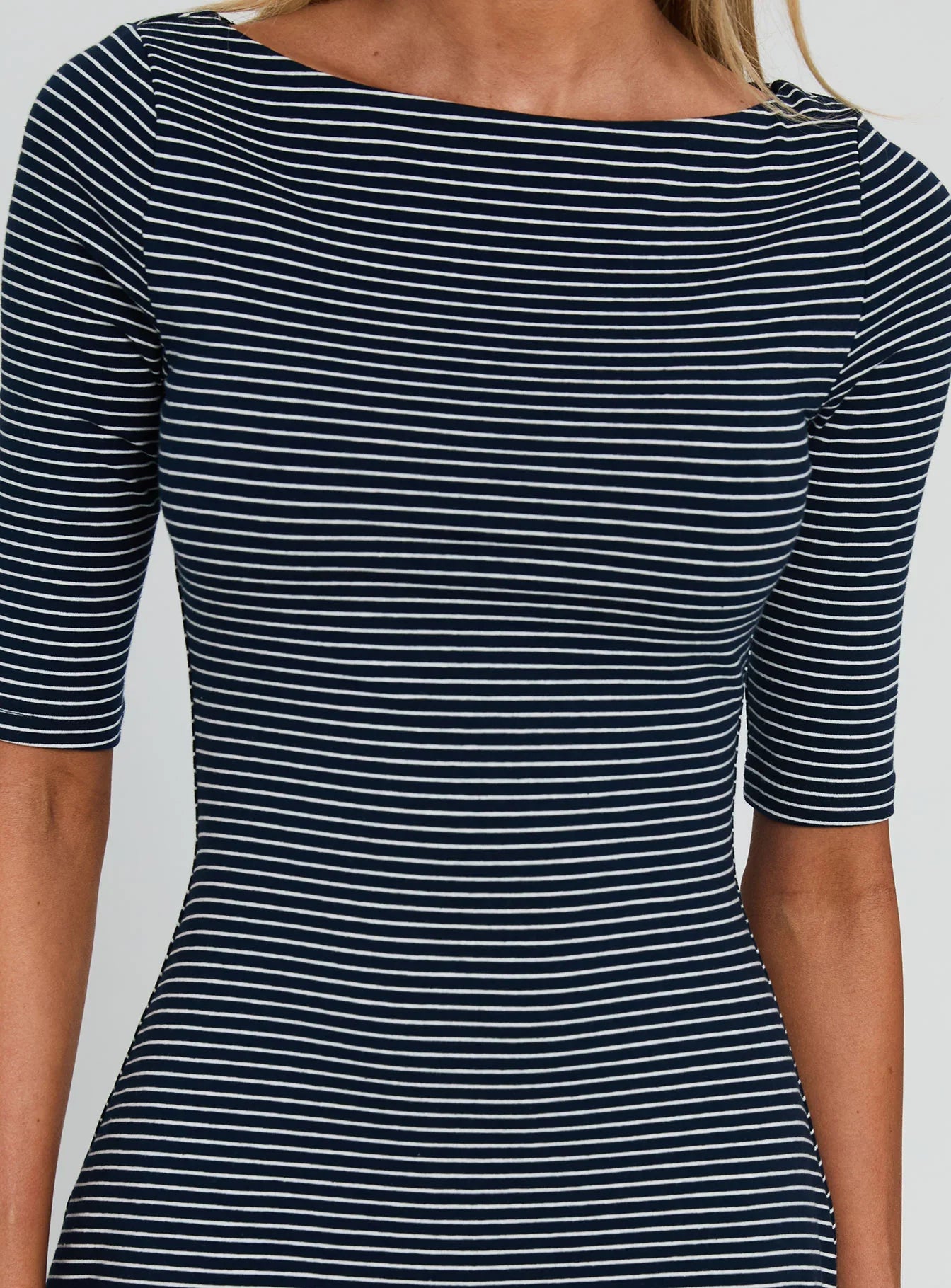 Evyna Boat Neck 3 4 Sleeve Mini Dress Navy Stripe