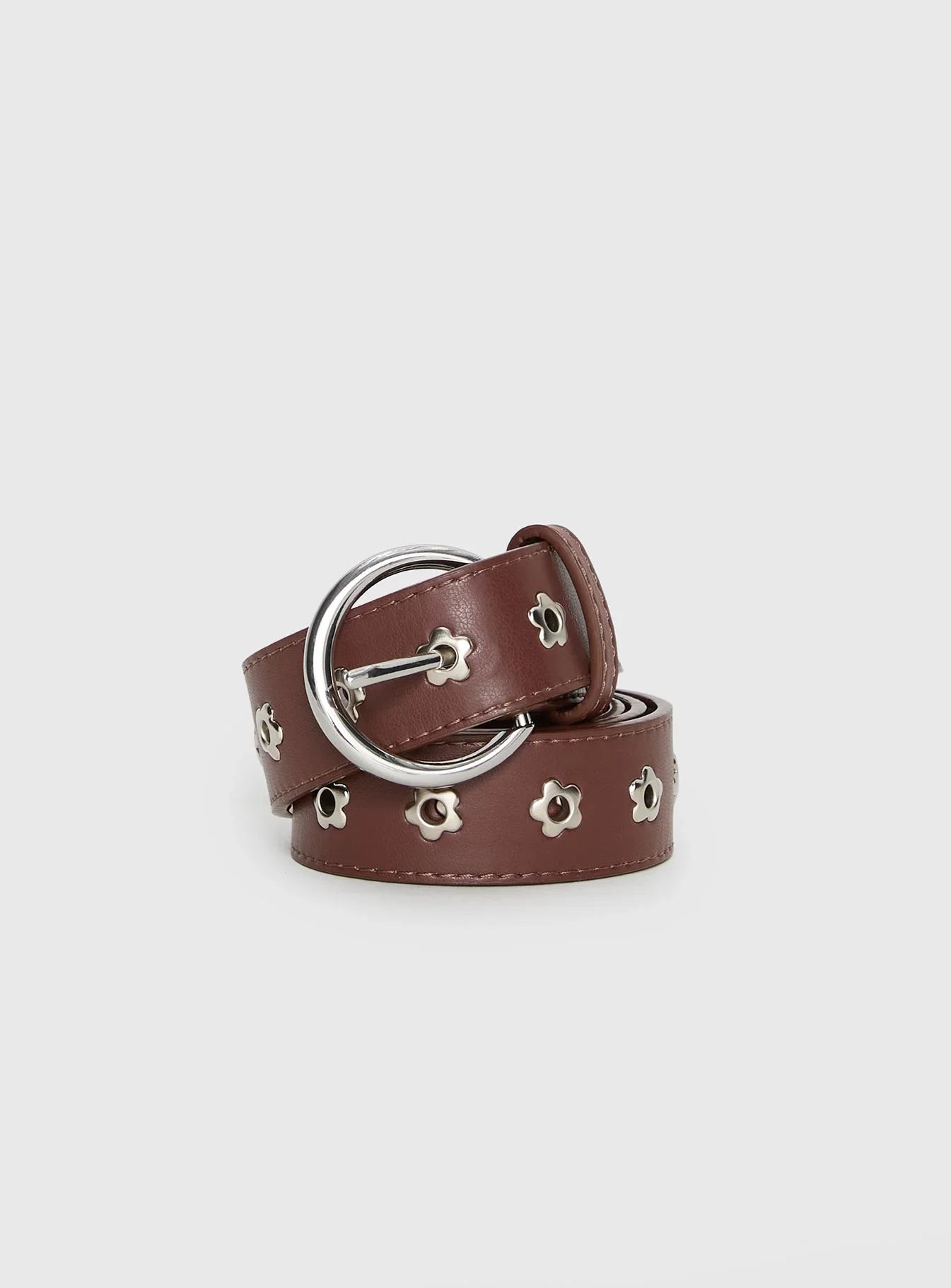Alstro Faux Leather Flower Studded Belt Brown Silver