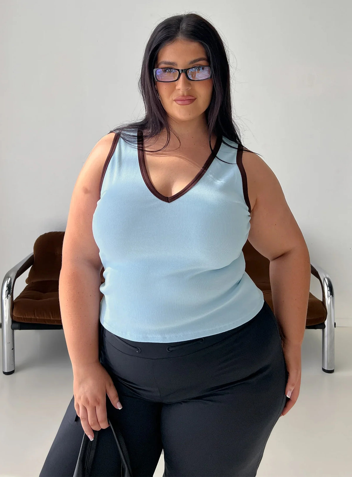 Baseline V Neck Rib Tank Top Blue / Brown Curve