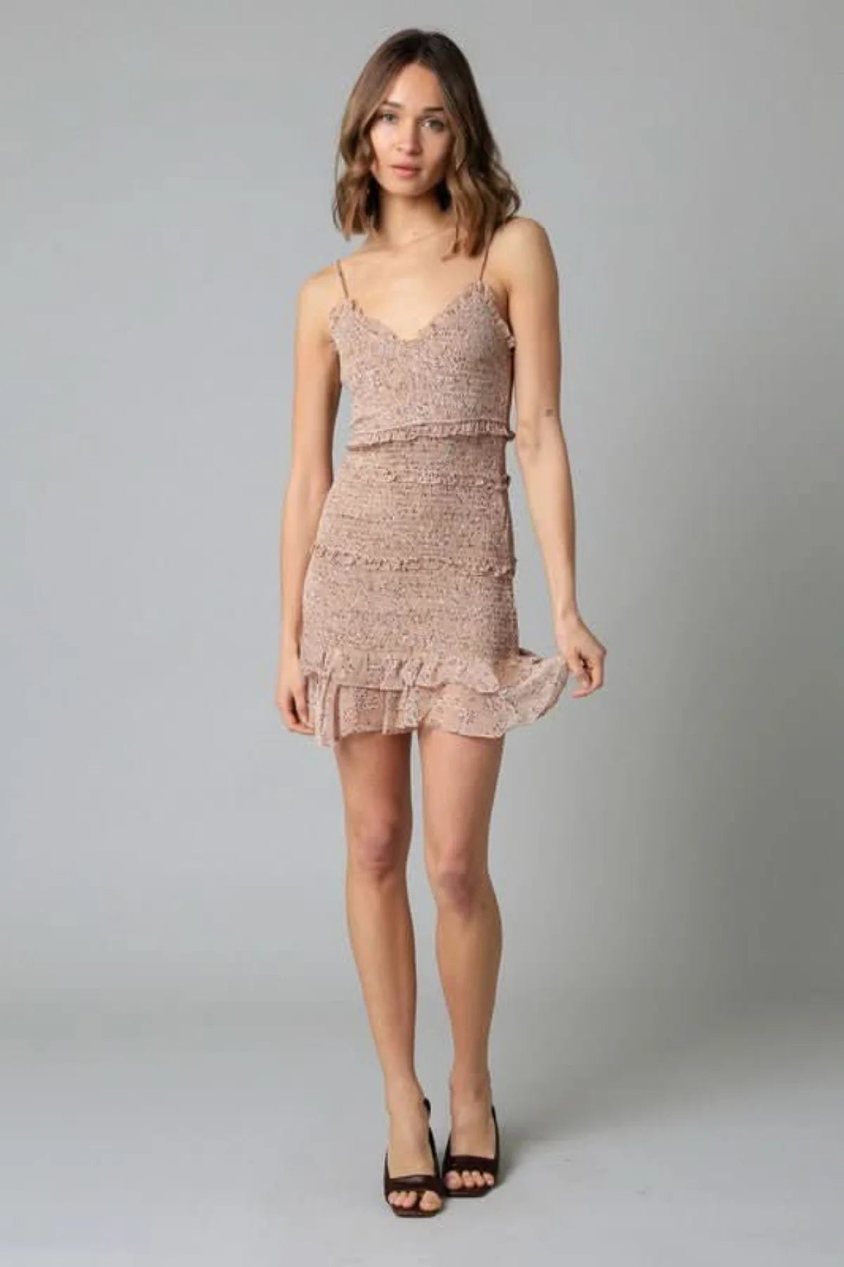 Rhea Taupe Floral Print Smocked Ruffle Mini Dress