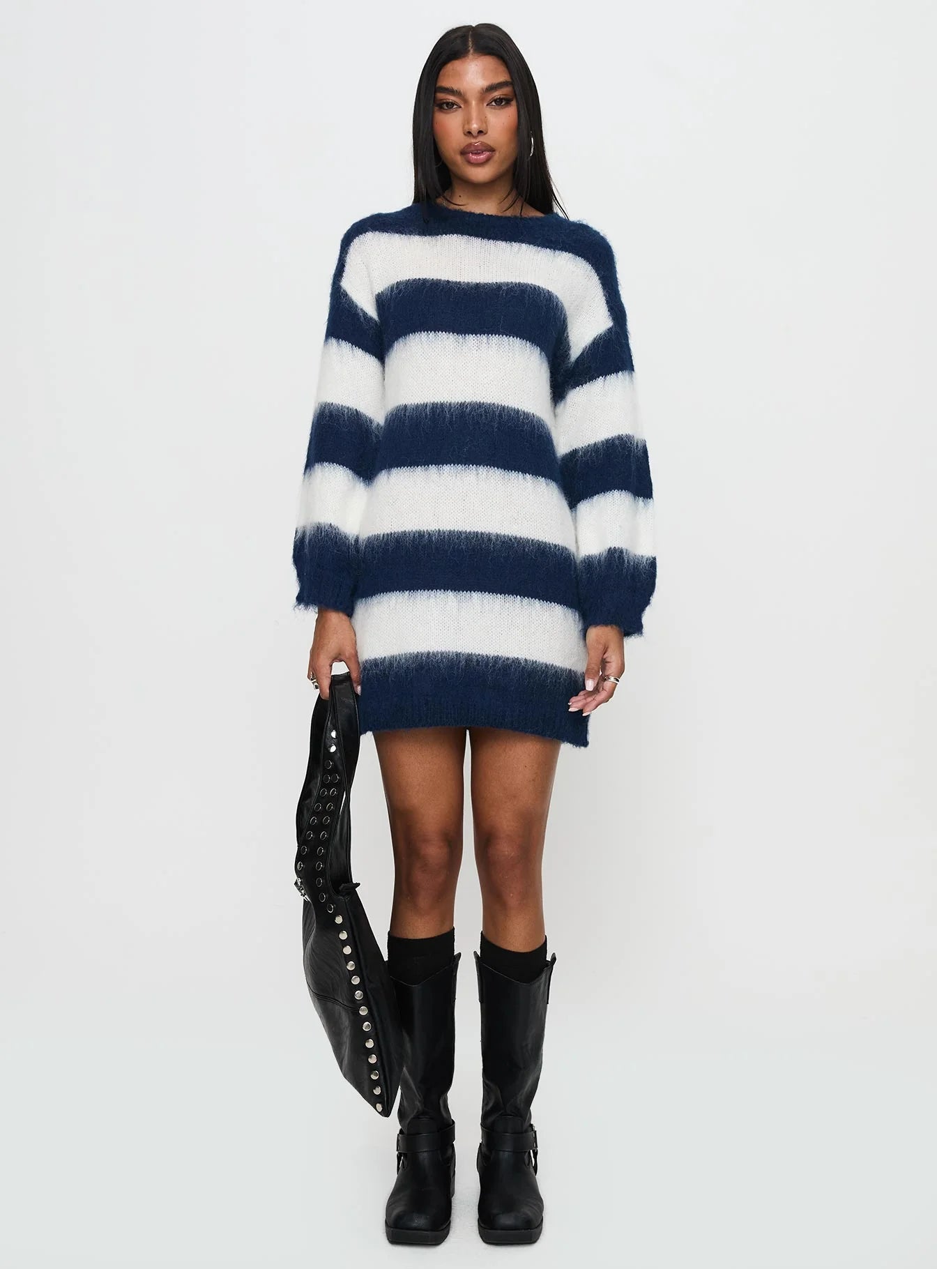 Iryna Long Sleeve Knit Mini Dress Navy White Stripe