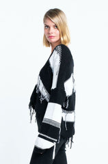 Kara Black and White Striped Fringe Ripped Sweater