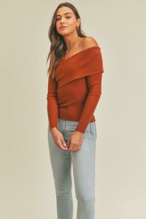 Lara Rust Ribbed Off The Shoulder Sweater Top