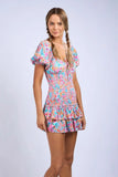 Mimi Aqua Pink Floral Puff Sleeve Mini Dress