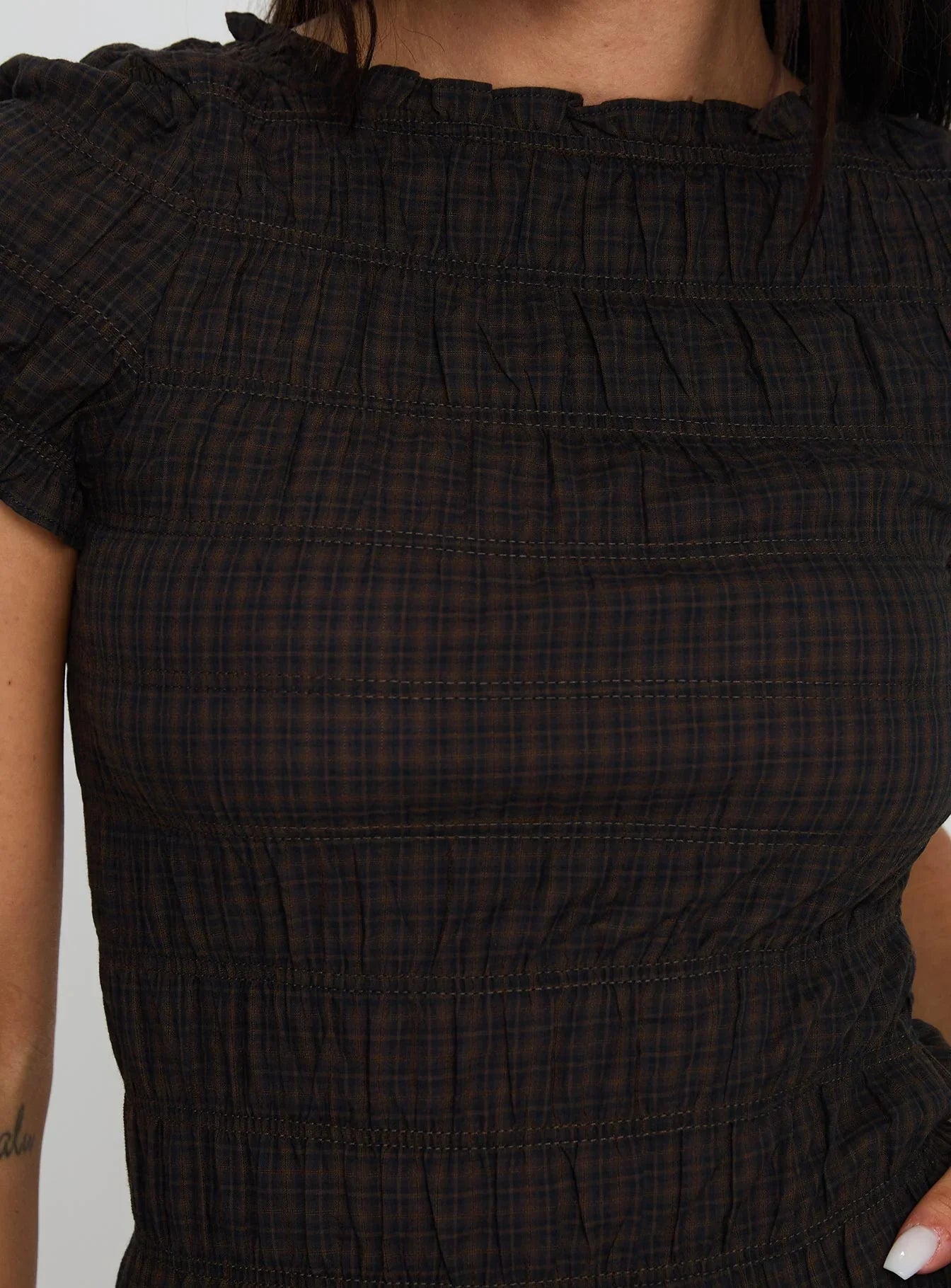 Romelle Shirred Top Black / Brown Plaid Petite