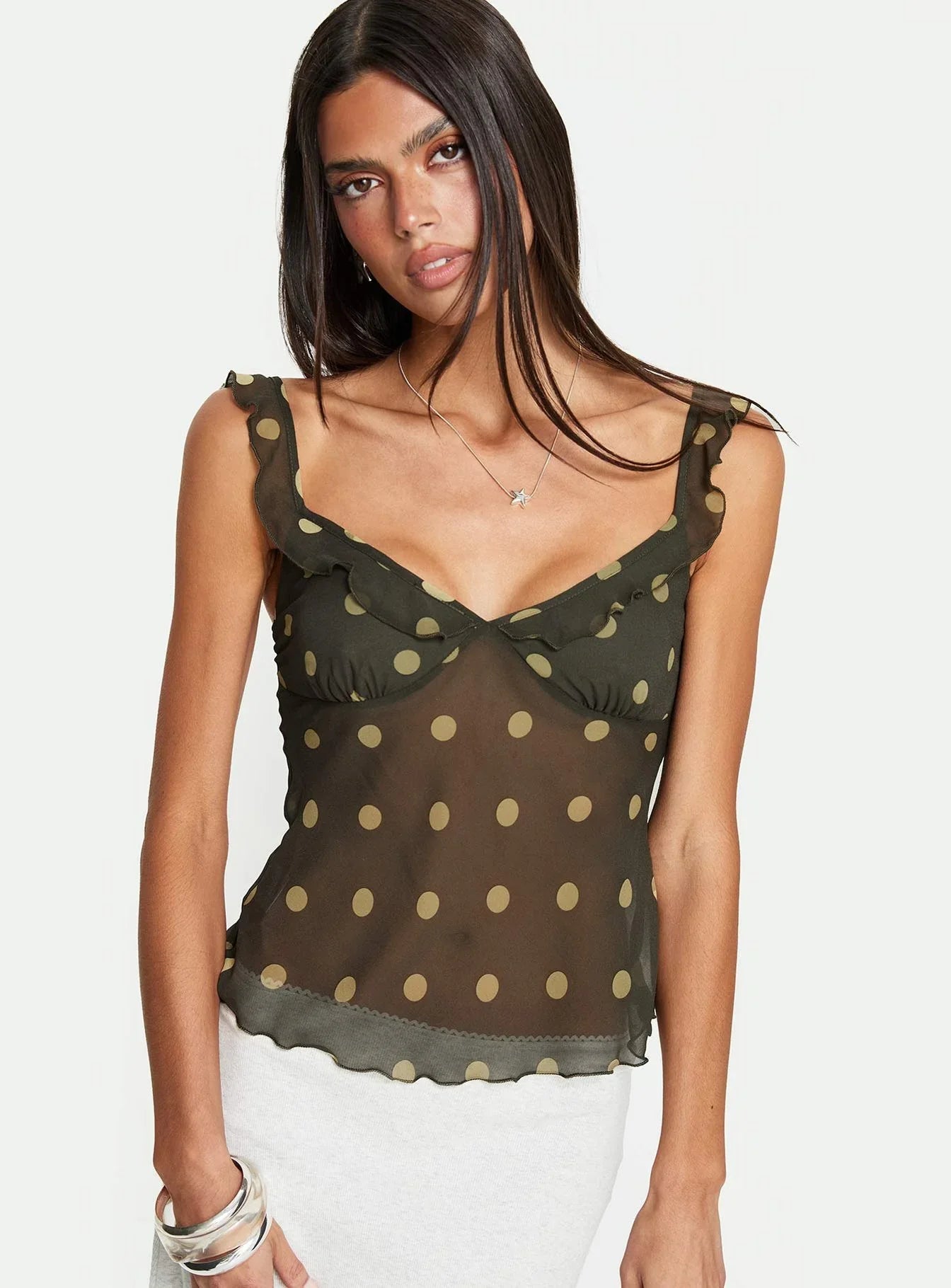 Zayliah Frill Detail Top Green Polka