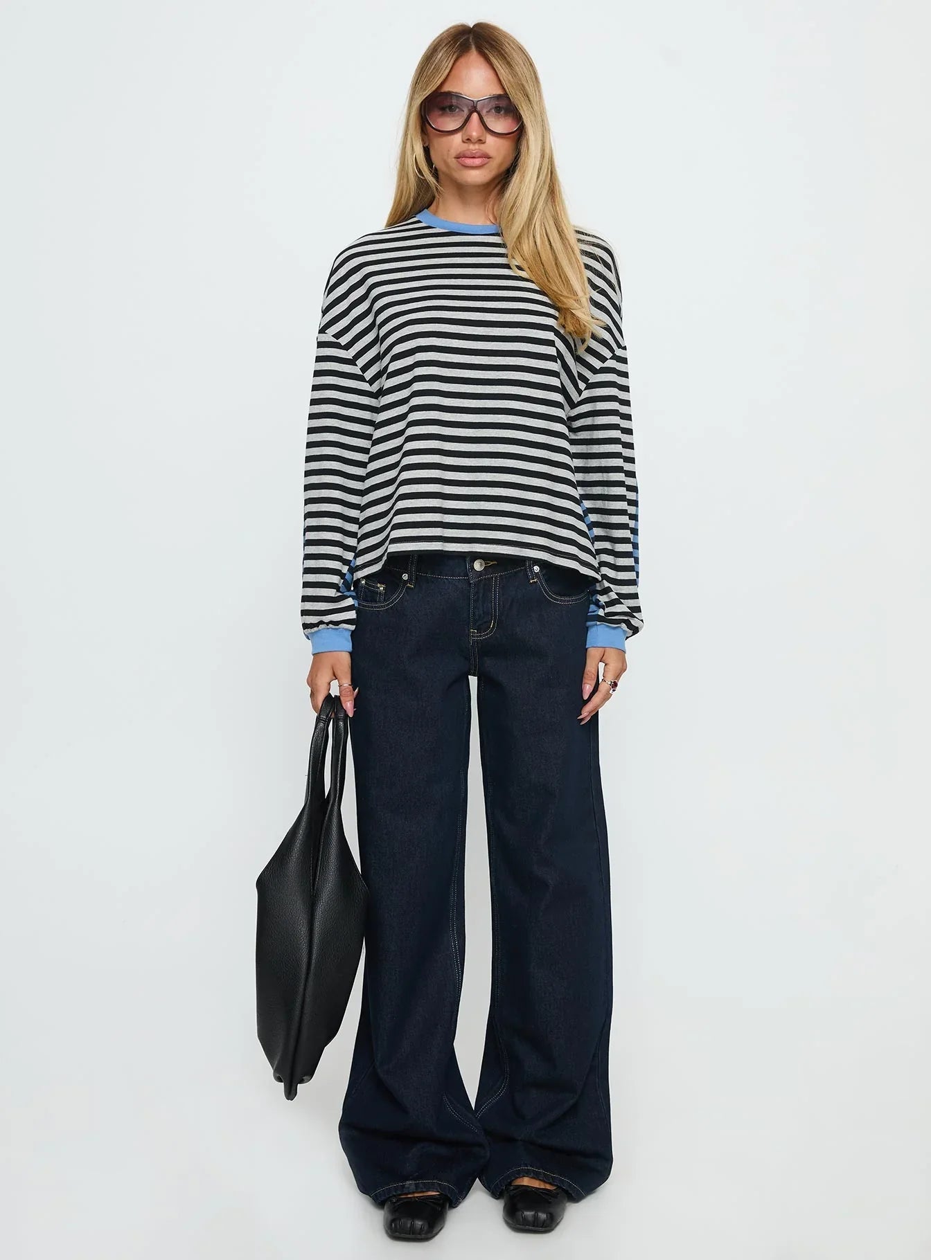 Taysha Long Sleeve Top Black Grey Stripe