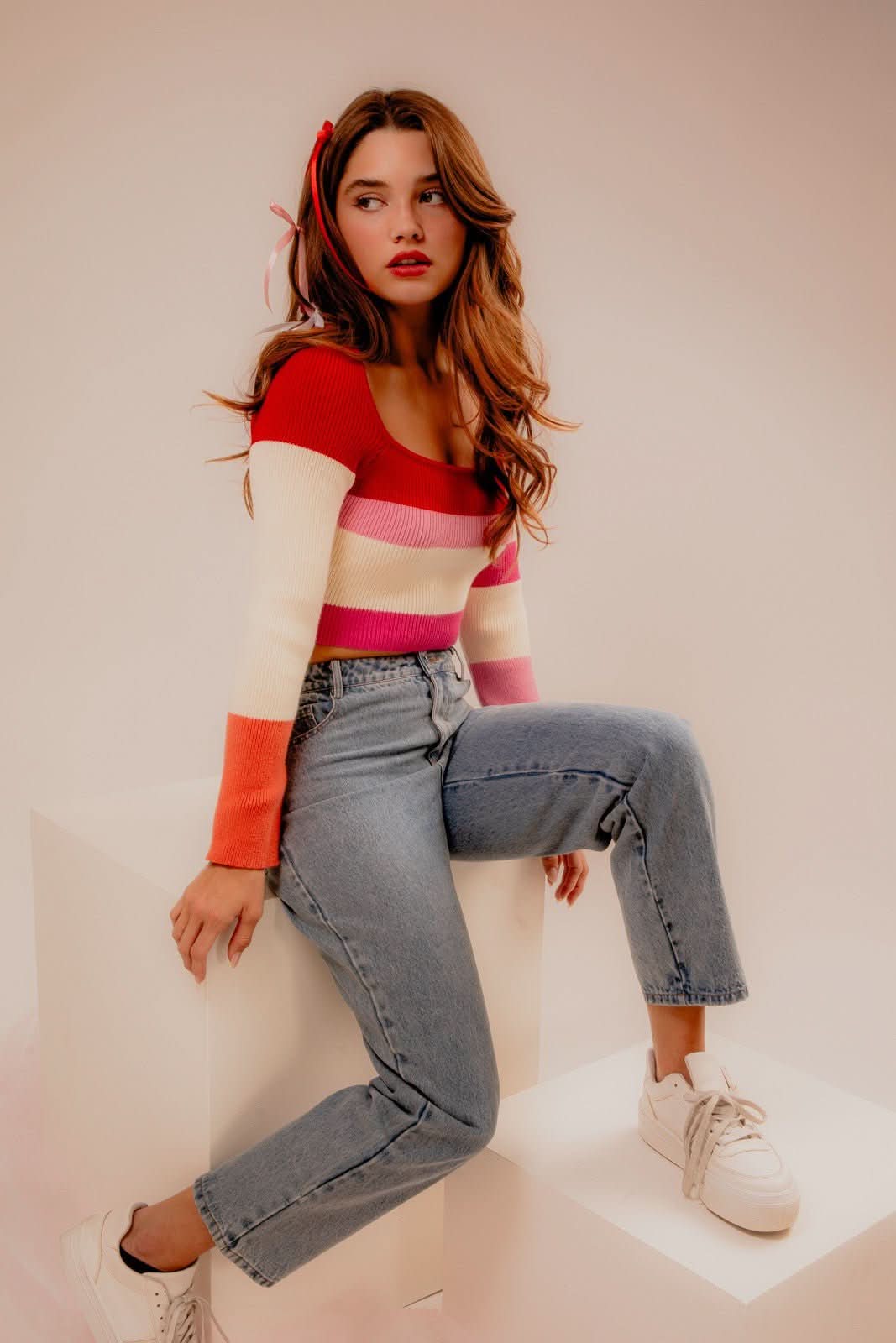 On Repeat Red Colorblock Cropped Sweater