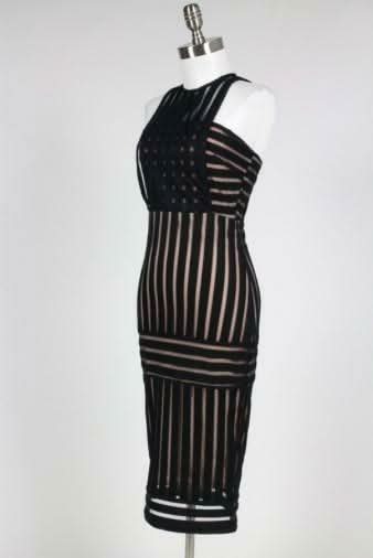 Rules of Intent Sheer Striped Black Body Con Midi Dress