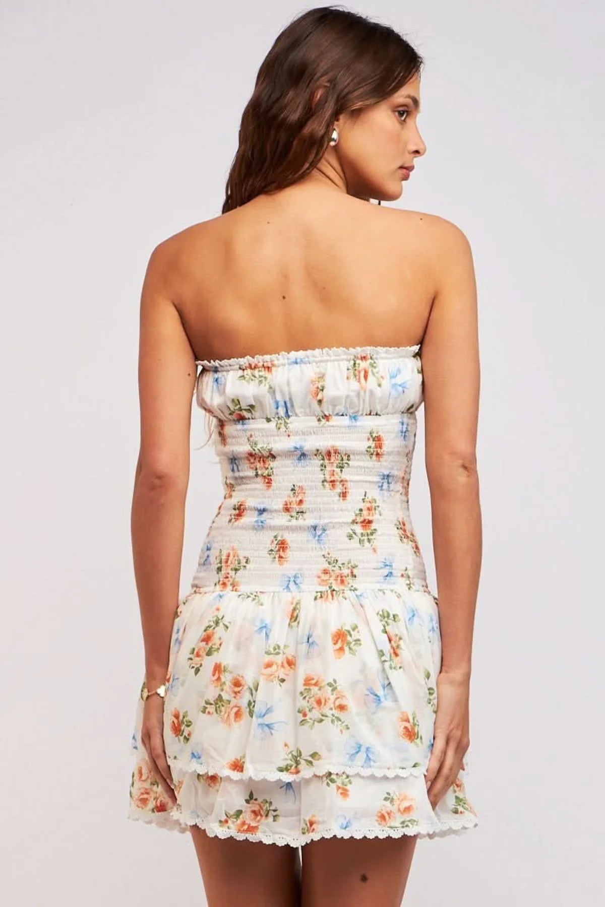 Lyla White Floral Strapless Drop Waist Mini