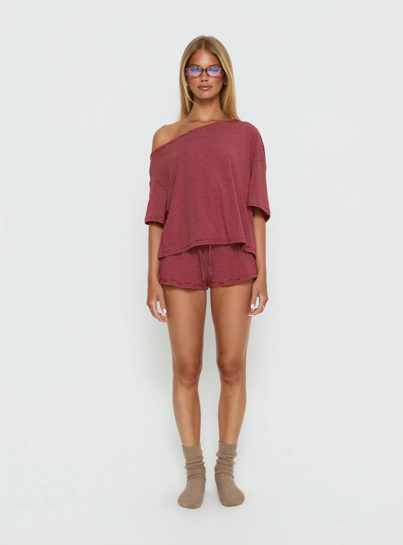 Sugar Surge Off Shoulder Sleep Top Cherry Stripe
