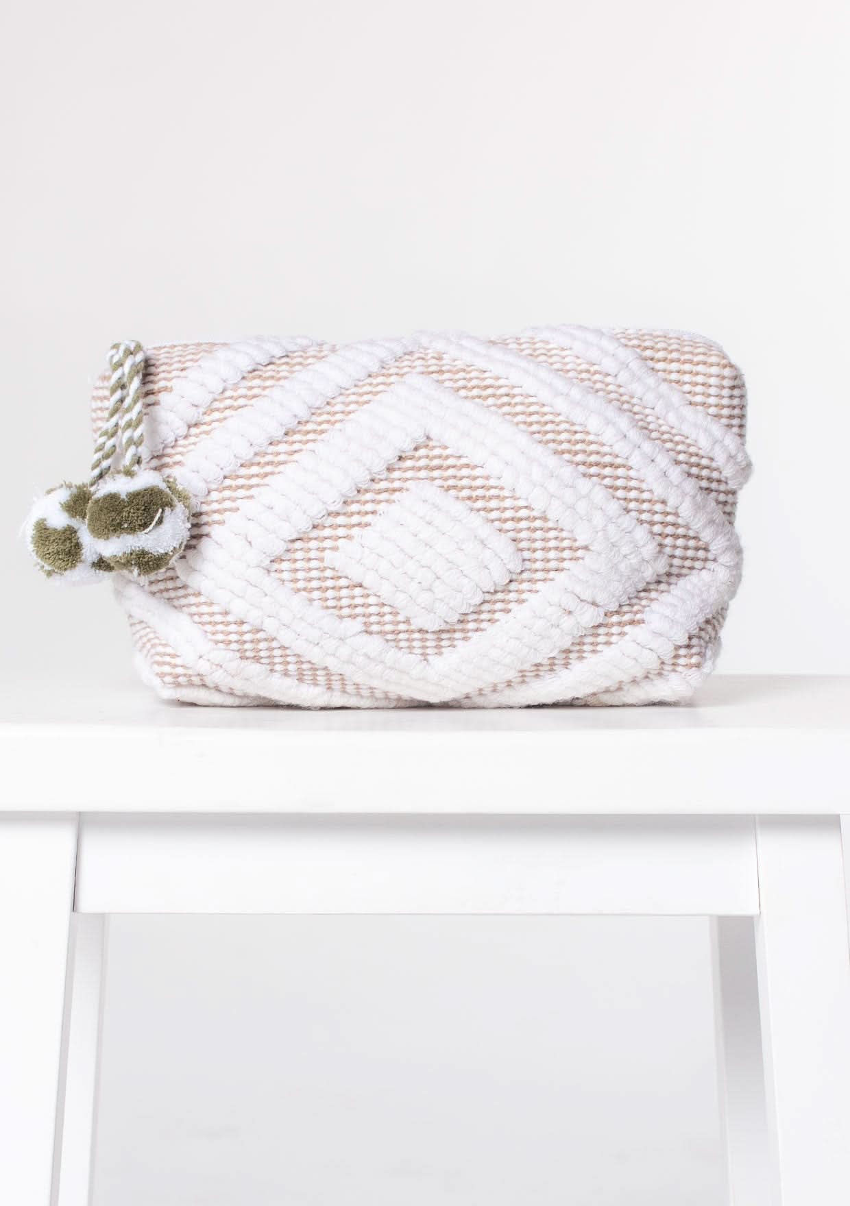 Leila White and Taupe Diamond Motif Makeup Bag