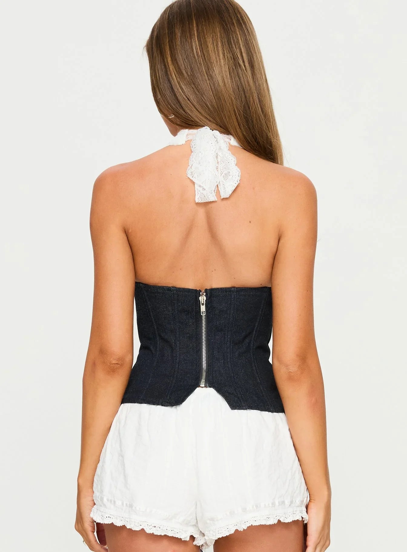 Dreamfields Lace Up Corset Top Dark Denim White