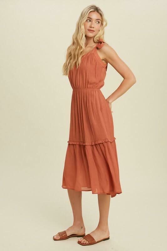 Why Wait Brick Tie Strap Midi Dress