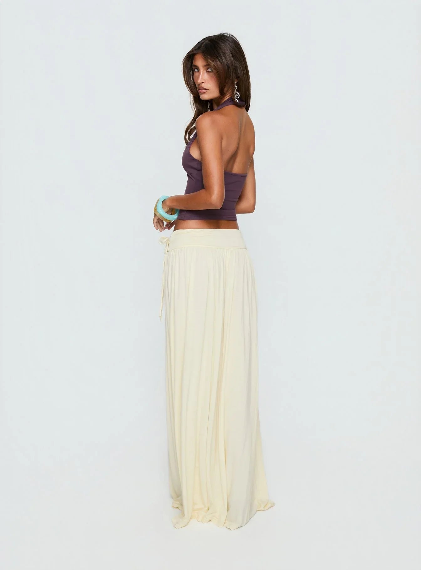 Velvet Storm Tie Detail Flowy Maxi Skirt Cream