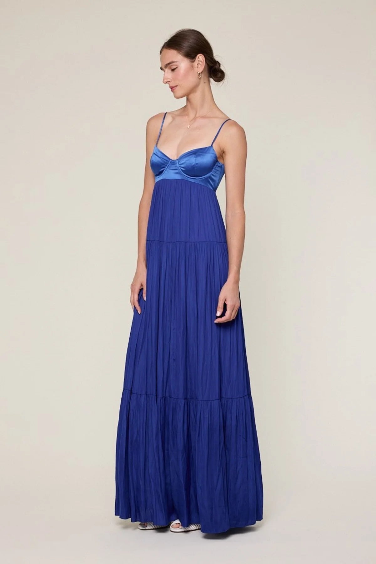 Blaire Blue Satin Tiered Maxi Dress