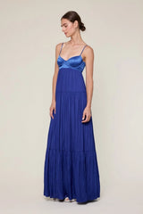 Blaire Blue Satin Tiered Maxi Dress