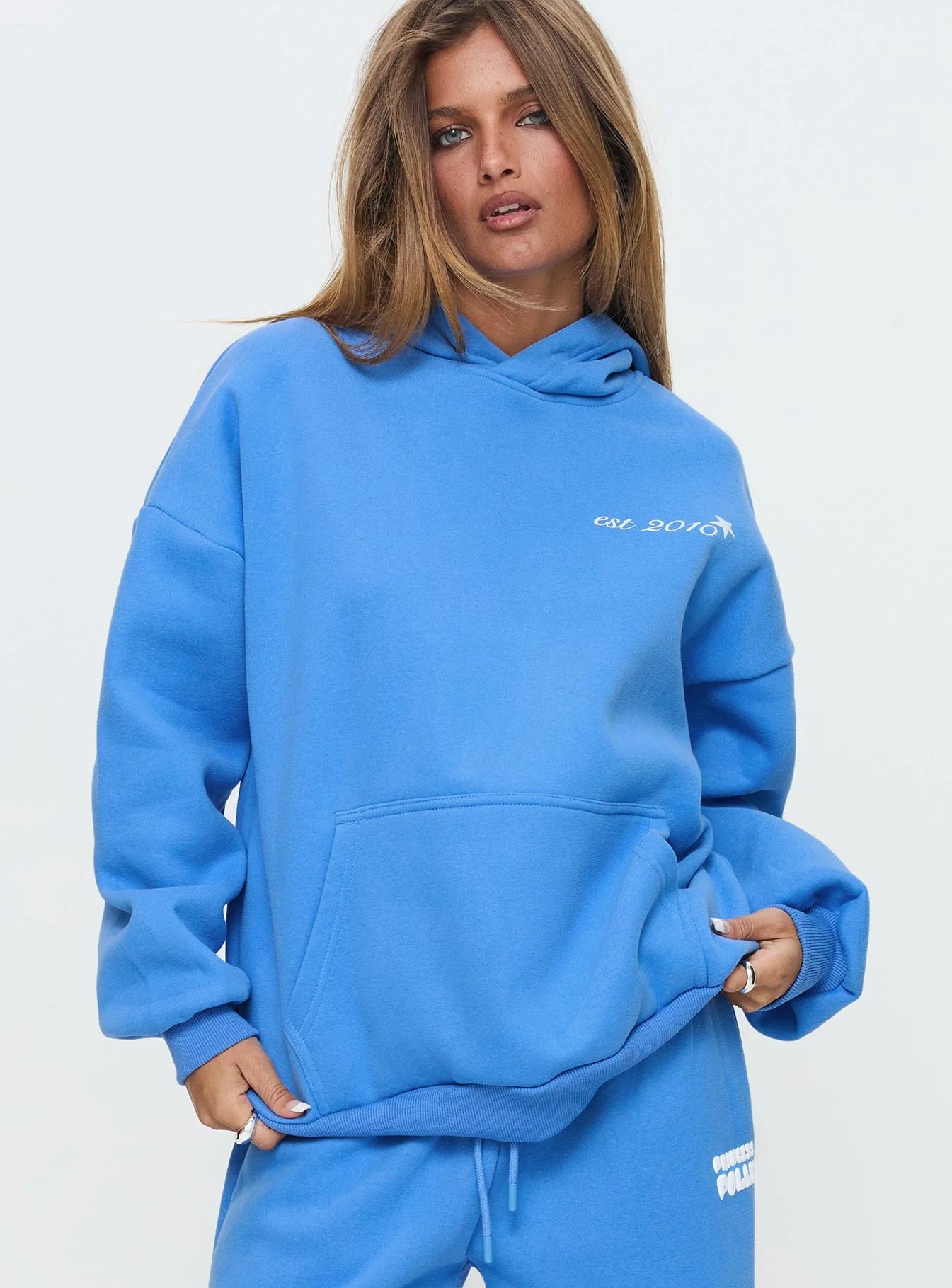 Princess Polly Hooded Sweatshirt Bubble Text Blue White