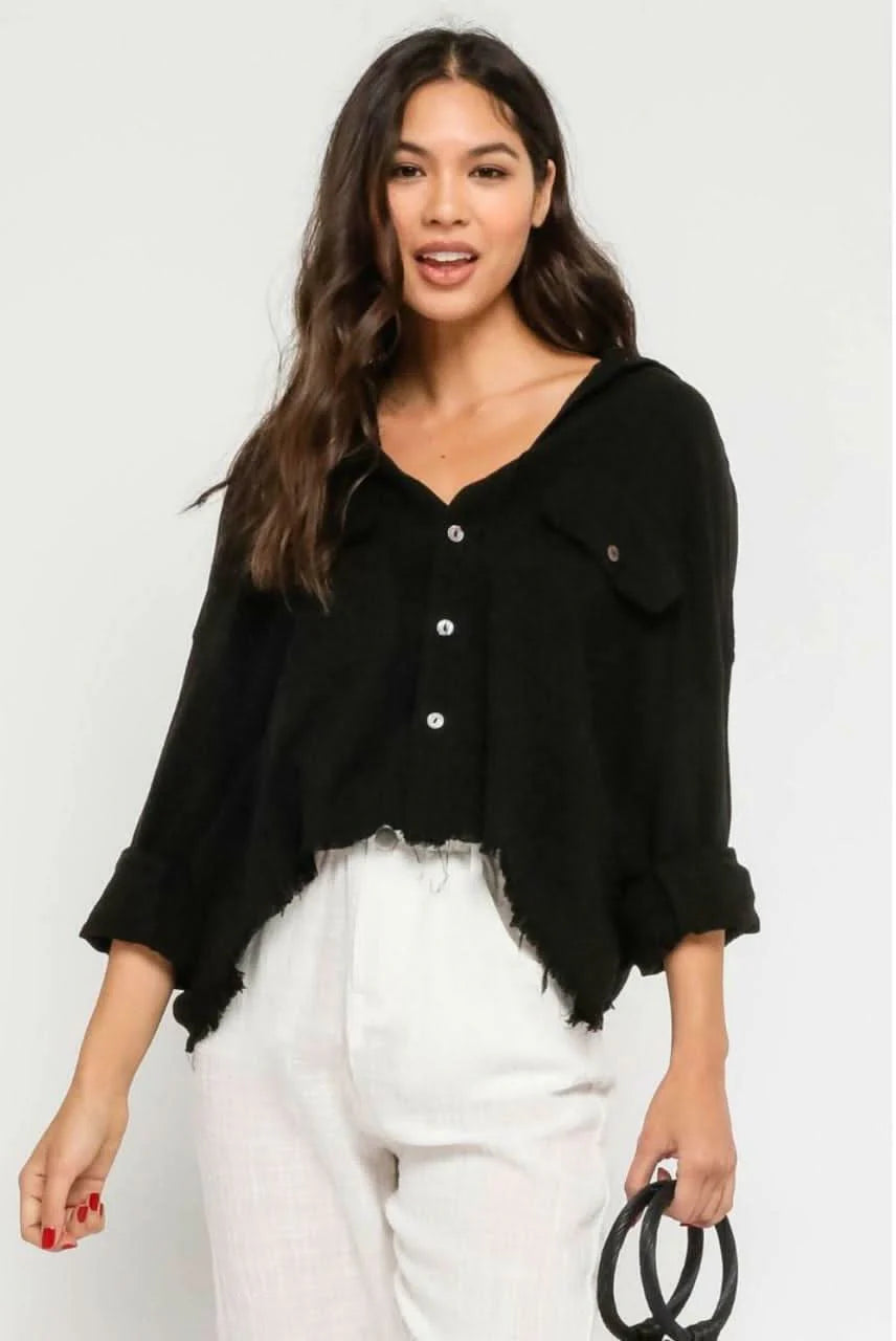 Beach Please Black Frayed Button Up Top