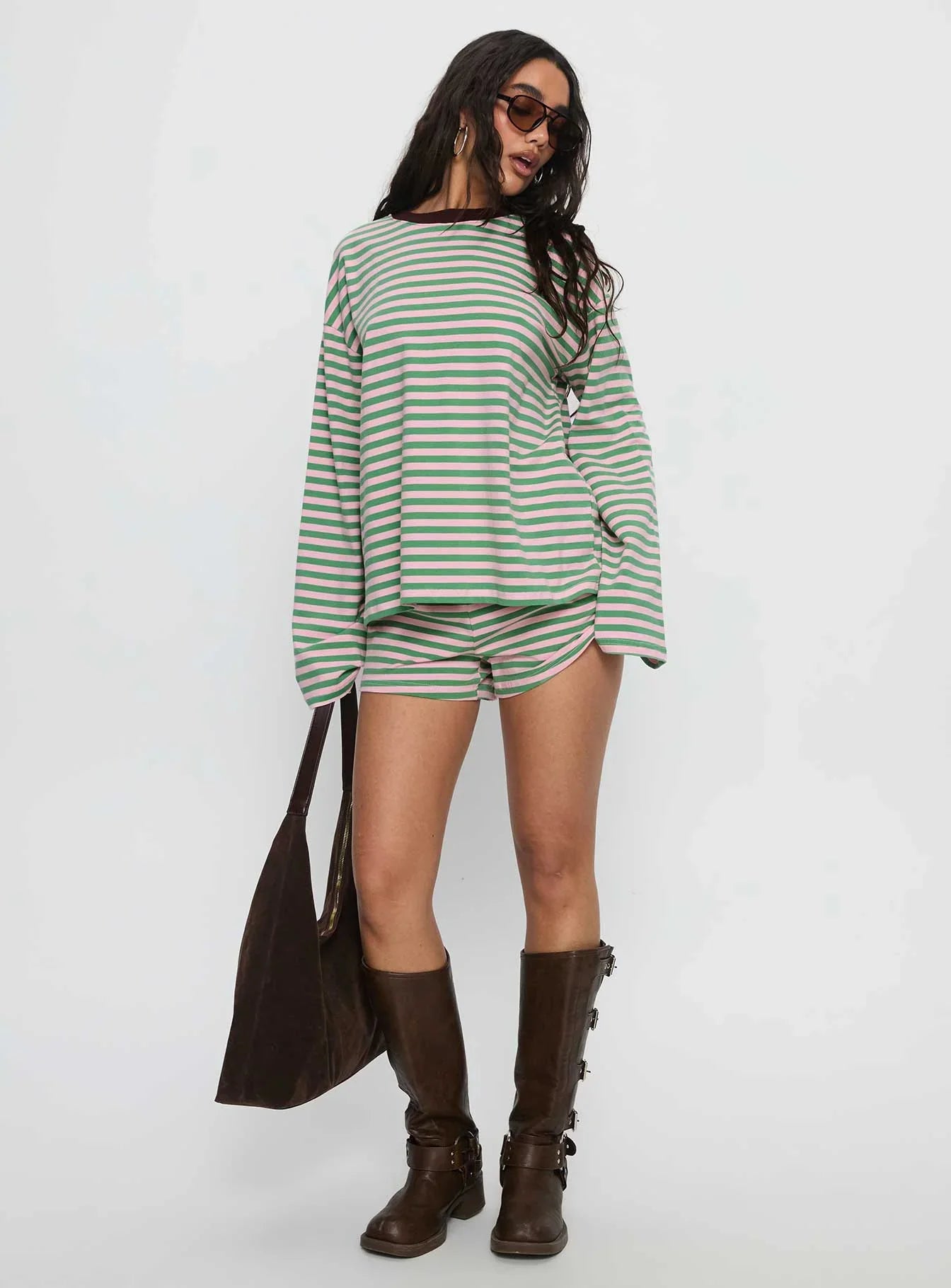 Settle Down Long Sleeve Top Green Pink Stripe